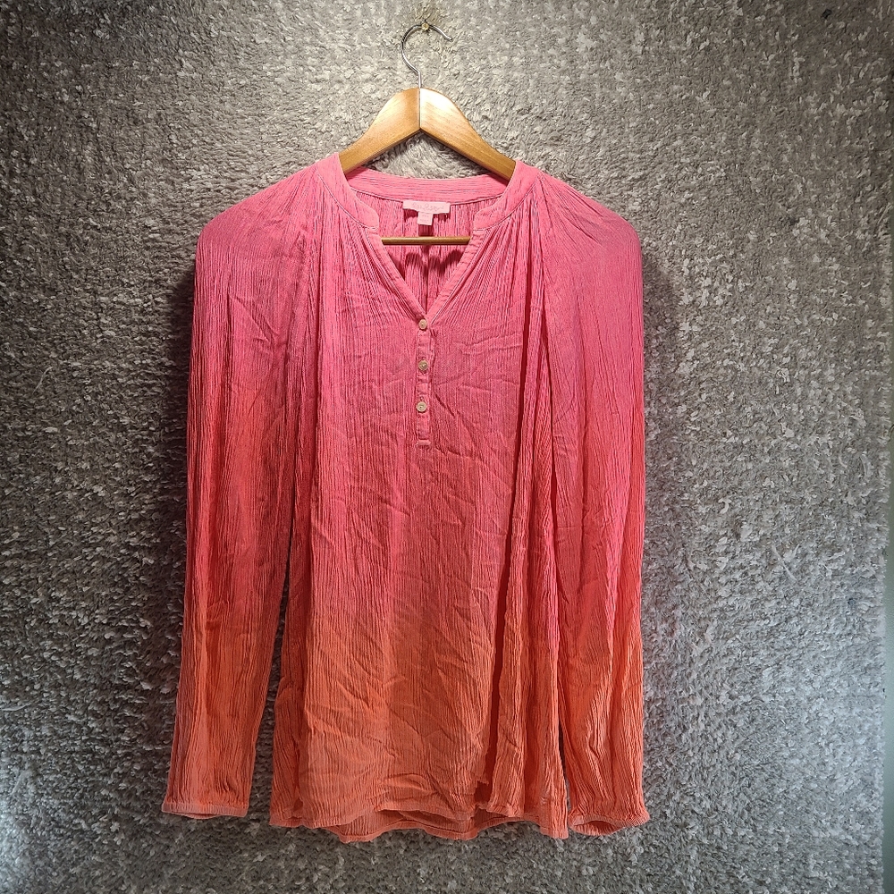 Lilly Pulitzer Elsa Shirt Blouse Papaya Ombre Rayon Top Sz XXS Rayon Long Sleeve